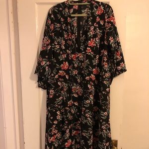 Boohoo black and red floral bell sleeve maxi dress